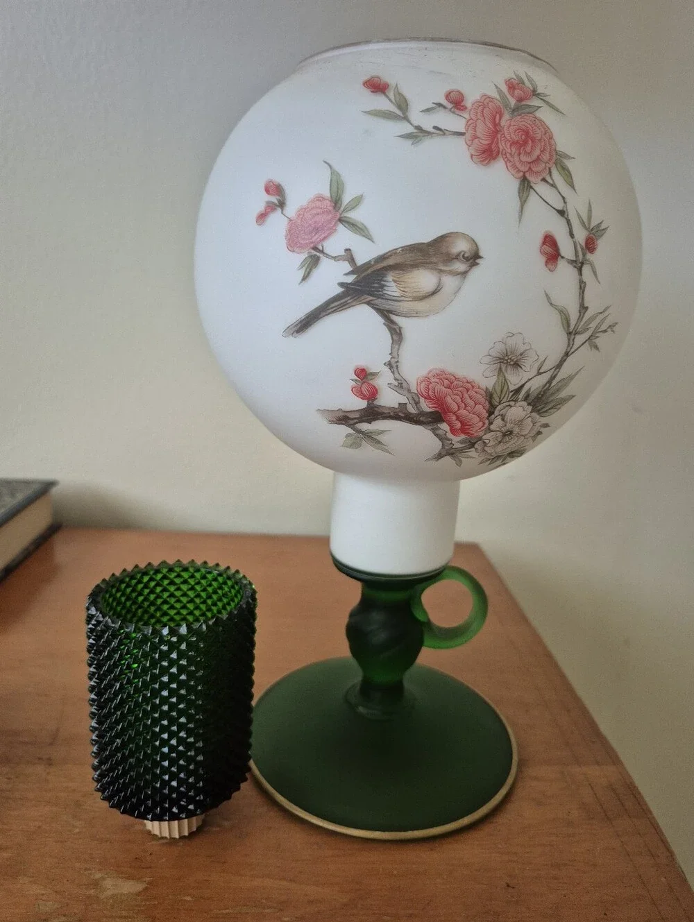 Floral Bird Glass Hurricane Votif Lamp with Green Base